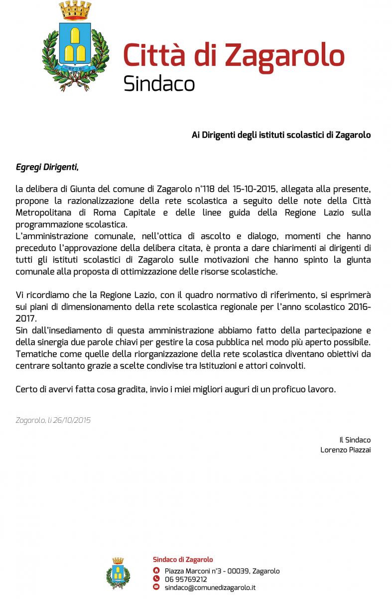 Proposta di razionalizzazione della rete scolastica di Zagarolo, il sindaco, Lorenzo Piazzai, scrive ai dirigenti degli Istituti del territorio