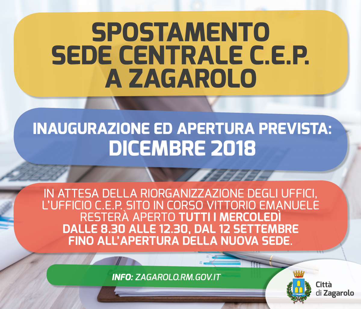Spostamento della sede centrale del C.E.P. a Zagarolo (inaugurazione Dicembre 2018) e nuovi sportello provvisori